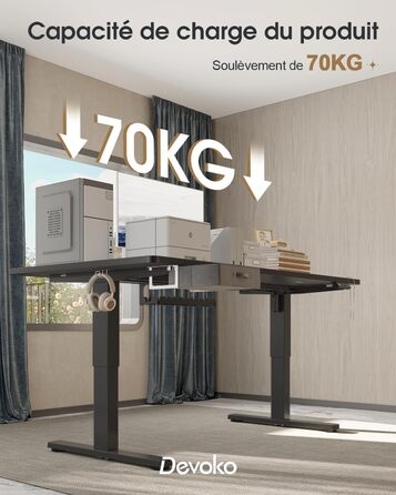 Регульований стіл Devoko 160x80 см з висувними ящиками, USB-порт, органайзер для кабелів, стіл для комп'ютера з 3-ма режимами пам'яті, білий (чорний)