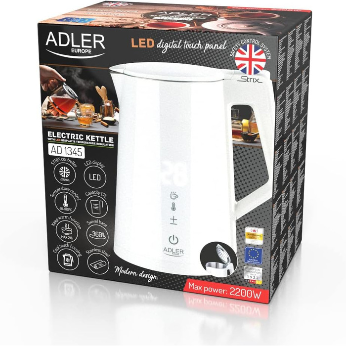 Електрочайник ADLER AD 1345W, 1.7 л, білий, 2200 Вт