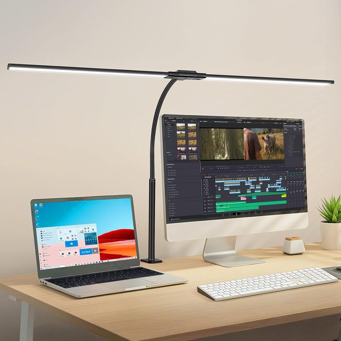 OUTON LED лампа для столу з двома головками, 85.5 см, 1600 люмен, сенсорне керування, регулювання яскравості, 5 температур кольору, таймер, пам'ять, захист очей, кріпиться за допомогою затискача, для офісу та дому, чорний