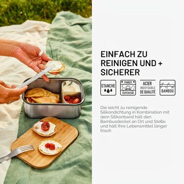 Ланчбокс Black + Blum з нержавіючої сталі 1,25 л з бамбуковою кришкою-дошкою та силіконовим роздільником, Olive