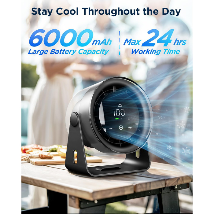 EasyAcc Портативний вентилятор 6000mAh з акумулятором, турбовентилятор, циркулятор повітря 100 швидкостей, до 21 години роботи, LED-дисплей, для кемпінгу, подорожей, офісу - Чорний