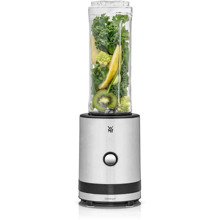 Міксер-блендер WMF Küchenminis Smoothie-to-go, стаціонарний потужний блендер 300 Вт з двома пляшками-чашами по 0,6 л, матова нержавіюча сталь, сріблястий