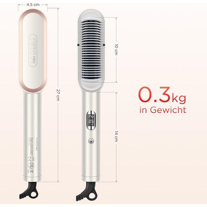 Іонна щітка-випрямляч для волосся PARWIN PRO BEAUTY з LED-індикатором, 4 температурні режими, захист від опіків, шампань срібло