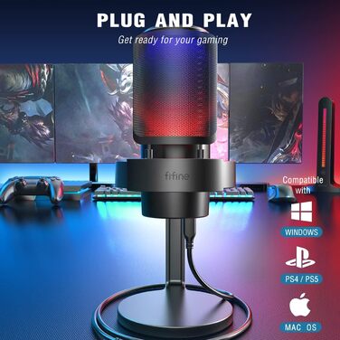 FIFINE USB мікрофон для ПК, геймінгу, стрімінгу, подкастів, студії, з RGB-підсвіткою, вимикачем звуку, виходом для навушників і поп-фільтром, сумісний з PS4, PS5, Mac
