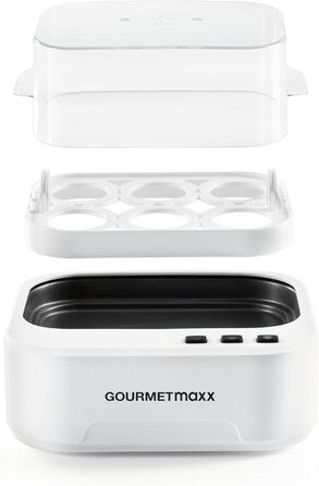 Електричний яйцеварка Gourmetmaxx на 6 яєць зі звуковим сповіщенням | Яйцеварка з функцією діркопроколювача, мірним стаканом та голосовим оповіщенням | 3 ступені нагріву для ідеально зварених яєць | Легке очищення та зручне використання