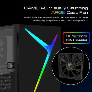 Ігровий корпус для ПК GAMDIAS ARGUS E4 Elite, Mid-Tower ATX, загартоване скло, ARGB підсвічування, 120 мм вентилятор, підтримка ATX