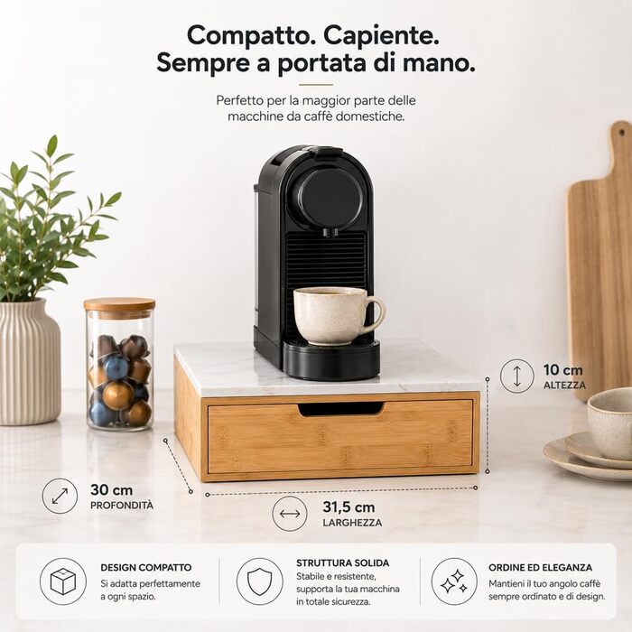 Органайзер-холдер для кавових капсул BAKAJI з шухлядою з бамбукового дерева для Nespresso, Dolce Gusto, Modomio, Lavazza та чайних пакетів, Taupe (31,5 x 30 x 10 см)