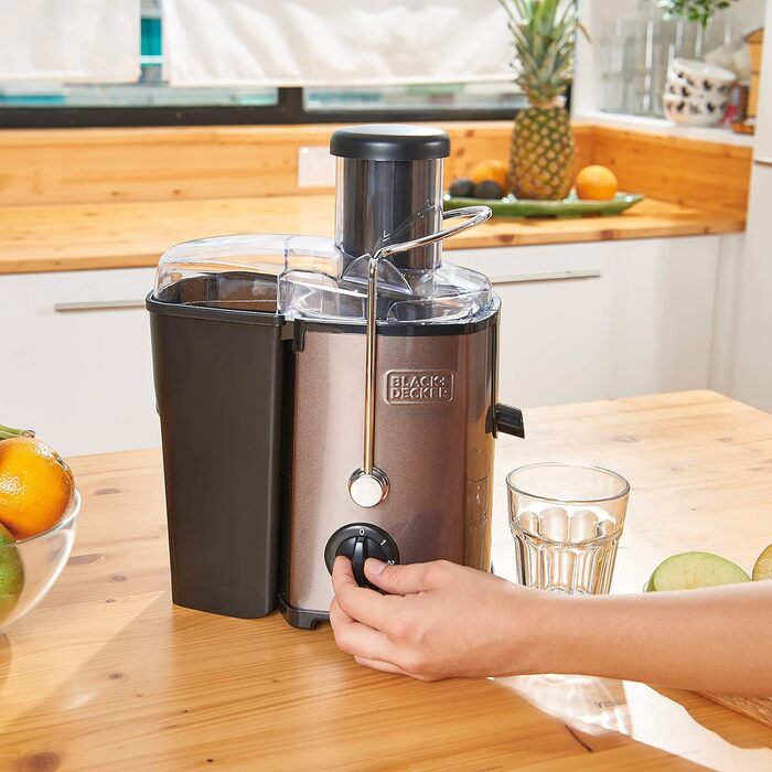 Соковижималка BLACK+DECKER BXJE600E, 600 Вт, для овочів і фруктів, з нержавіючої сталі, 62 мм, 2 швидкості, 2 контейнери для соку та м’якоті