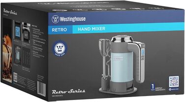 Ретро міксер Westinghouse, 5 швидкостей, турбо, 350 Вт, LCD-дисплей, таймер, 2 вінчики, 2 гачки, футляр, блакитний