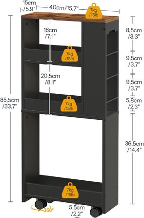 Візок для кухні HOOBRO 4-рівневий, вузький стелаж на колесах (40 x 15 x 85,5 см), рухомий органайзер для кухні та вітальні, чорний з рустикальним коричневим