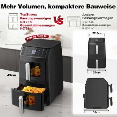 Вертикальна аерофритюрниця TopStrong з двома камерами 11л, 2500W, з вікном перегляду та 6 функціями приготування, чорна