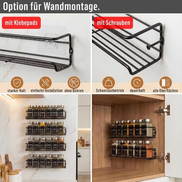 Настінна полиця для спецій Deco haus® (набір 4 шт.) з 24 скляними баночками та етикетками, підвісний органайзер для кухні на клейокій основі, кришки з нержавіючої сталі