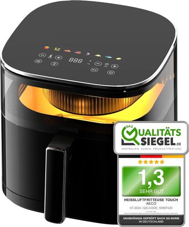 Аерофритюрниця aeco TOUCH 5,7 л з підсвіченим оглядовим вікном 270°, цифровим сенсорним дисплеєм, 1700 Вт, регулювання температури 80–200°C, 8 програм, з рецептурником