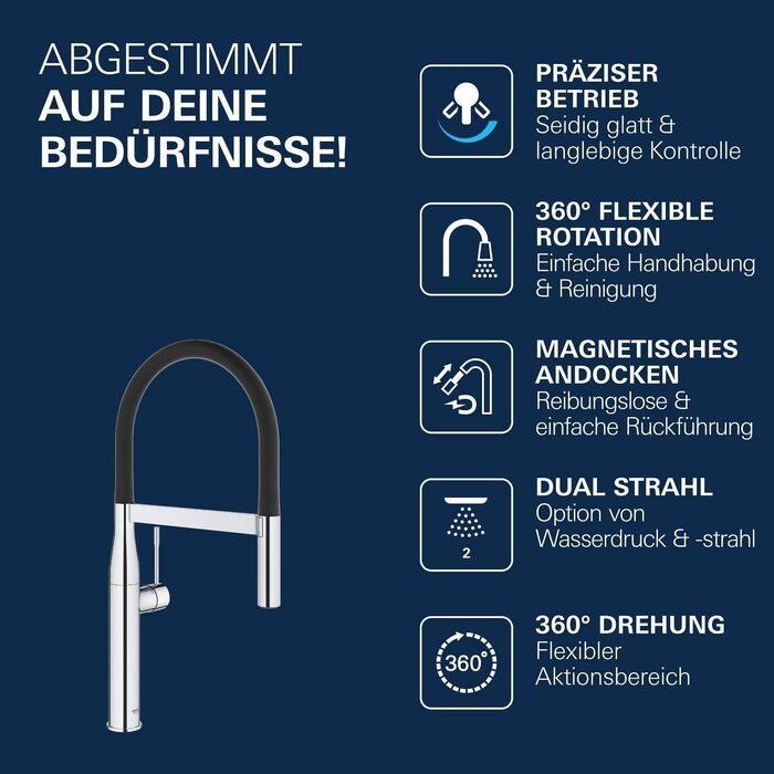Змішувач кухонний GROHE Essence з висувним душем, поворотний 360°, хром - 30294000