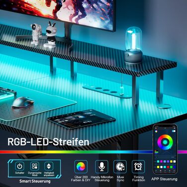 Ігровий стіл HLONONE з LED підсвіткою, 140x60 см: Комп'ютерний стіл з розетками та USB, стійкий стіл для геймерів та офісу, чорний
