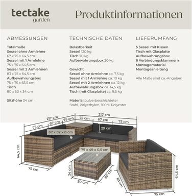 Набір садово-розсувний меблів tectake з коробкою для зберігання подушок, стіл зі скляною стільницею, ротанговий лаунж для саду та балкону | 403725