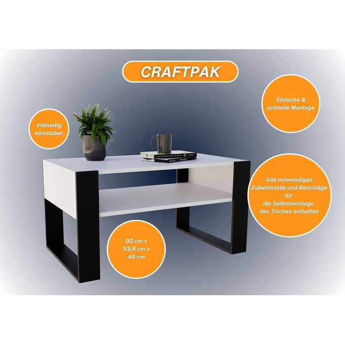 Журнальний стіл CraftPAK для вітальні з якісного деревостружкового матеріалу, сучасний столик для дивану з додатковою полицею, колір бетон білий-чорний