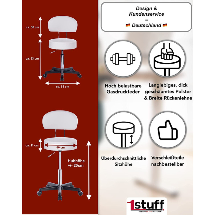 Професійний стільчик-роллер 1stuff XL з великою сидушкою та спинкою, регульована висота до 70 см, чорний, для салону, офісу, кухні, косметології