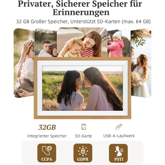 Frameo Цифровий фоторамка 15.6 дюймів: Електронний, з Wi-Fi, 32GB, IPS Touchscreen, відправка фото через додаток, подарунок, дубова рамка