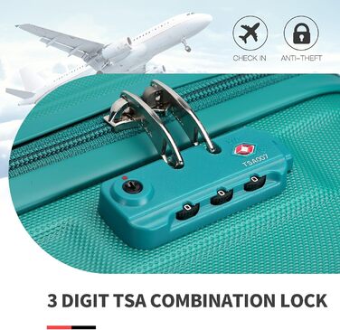 Набір дорожніх валіз Kono з ABS-пластику, жорсткий чемодан на 4 колесах з TSA-замком, бірюзовий, 55 см, ручна поклажа + косметичка