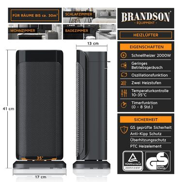 Керамічний обігрівач Brandson 2000W з дистанційним керуванням, тихий, енергозберігаючий, з холодним режимом, двома рівнями потужності та осциляцією, для офісу, вітальні, спальні, чорний