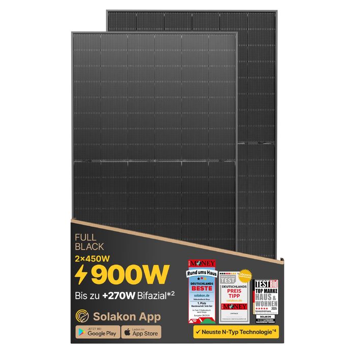 Сонячна панель Solakon 450W Bifacial Glass-Glass N-Type, монокристалічний сонячний модуль 40V для фотоелектричних систем та балконних електростанцій (комплект 2 шт)