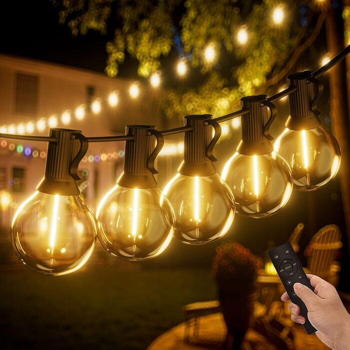 Гірлянда світлодіодна LED 15м для вулиці, водонепроникна IP65, теплий білий 2700K, 16 ламп, пластик, для саду, тераси, весіль (з димером)