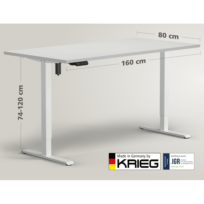 Електричний стіл KRIEG HighDesk SMART 160x80 см білий - регульований по висоті стіл для роботи сидячи та стоячи