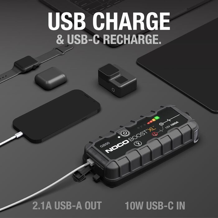 Портативний пусковий пристрій NOCO Boost GB50: 1500A UltraSafe – акумуляторний стартер для автомобілів (бензин до 7.0L, дизель до 4.5L) з кабелями