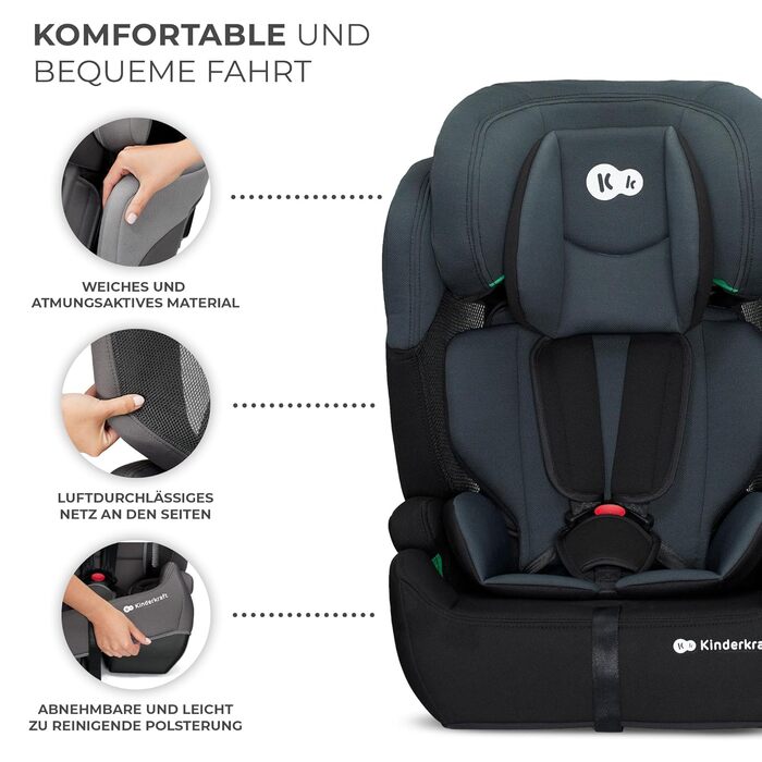 Дитяче автокрісло Kinderkraft Comfort Up i-Size, 76-150 см, 5-точковий ремінь, регульований підголівник, чорне, ECE R129/03