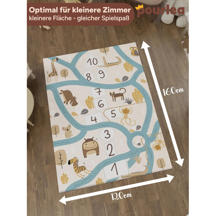 Дитячий килим pourlea 120x160 см, двосторонній, ОекоТекс, бежевий, ігровий сафарі та автодороги, для хлопчиків і дівчаток