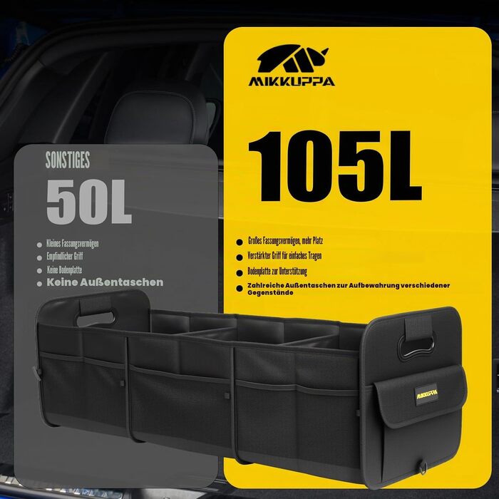 Органайзер у багажник автомобіля MIKKUPPA, складана сумка для покупок 105 л (91x38x30 см), протиковзке дно, чорний, для SUV, вантажівок та мінівенів