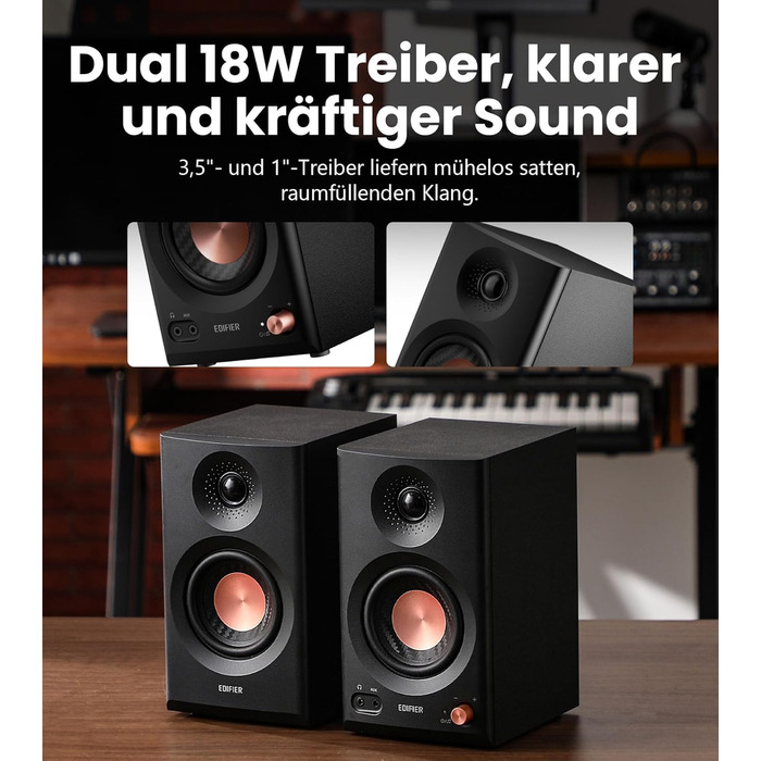 Edifier MR3 - Компактні студійні колонки 2.0, Hi-Res Audio, Bluetooth 5.4, RCA, AUX, керування через додаток, 2 x 18W, Чорний