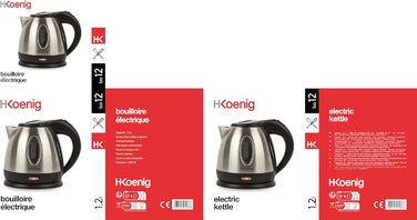 Електрочайник H.Koenig BO12, 1,2 л, 1630 Вт, нержавіюча сталь, сріблясто-чорний, індикатор рівня води
