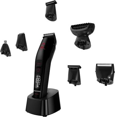 Машинка для стрижки GRUNDIG MGK 9030 ProClub, сенсор для бороди, вологе та сухе використання, літій-іонний акумулятор, титанове лезо, чорний/червоний