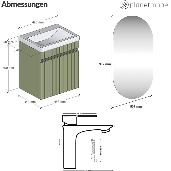 Planetmöbel Cosmia: Набір меблів для ванної кімнати з тумбою та раковиною 50x60x35 см, антрацит. Керамічна раковина з дверцятами (раковина м'ятного кольору з ящиком, дзеркало, золотий змішувач).