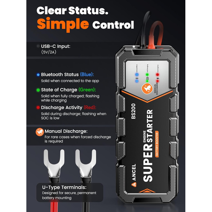 Бустер для автомобіля ANCEL BS200: автоматичний пусковий пристрій (Jump Starter) з конденсатором, 700А, монітор стану та підтримка акумулятора, чорний