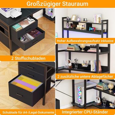 Кутовий L-подібний письмовий стіл Homieasy 150 см з LED-підсвіткою, шухлядою, USB та Type-C розетками, підставкою для монітора та полицею А4, чорний, МДФ