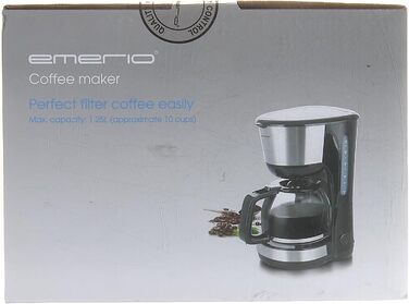 Кавоварка фільтраційна Emerio CME-122933, 1.25 л, 1000 Вт, чорна/срібляста, знімний постійний фільтр, функція захисту від капання, авто-вимкнення, скляний глечик, до 10 чашок