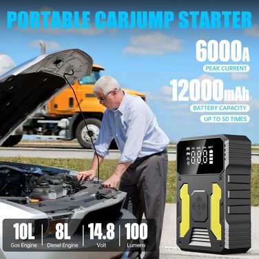 Пусковий пристрій для авто (бустер) з компресором 6000A, портативний Jump Starter Powerbank з LED-ліхтарем та дисплеєм, жовто-чорний