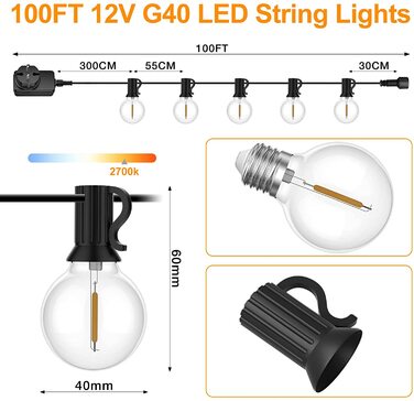 Гірлянда SUWIN 30 м для вулиці, 52 LED лампочки G40, енергозберігаюча