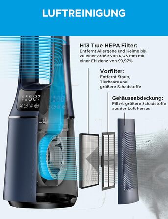 Midea MFP-120i (BL) Тихий турмовентилятор 2-в-1 з очищувачем повітря HEPA H13, LED-дисплей, дистанційне керування, осциляція, таймер 12 годин, Wi-Fi, сумісний з Alexa/Google, для приміщень до 47,6 м²