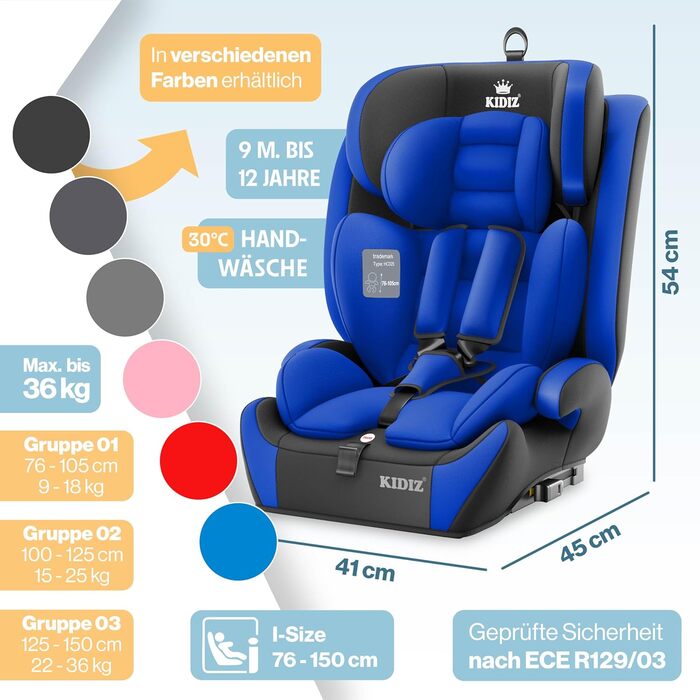 Автокрісло KIDIZ® 1+2+3 для дітей 9-36 кг з 5-точковим ременем безпеки, регульованою підголовником (синій), Isofix