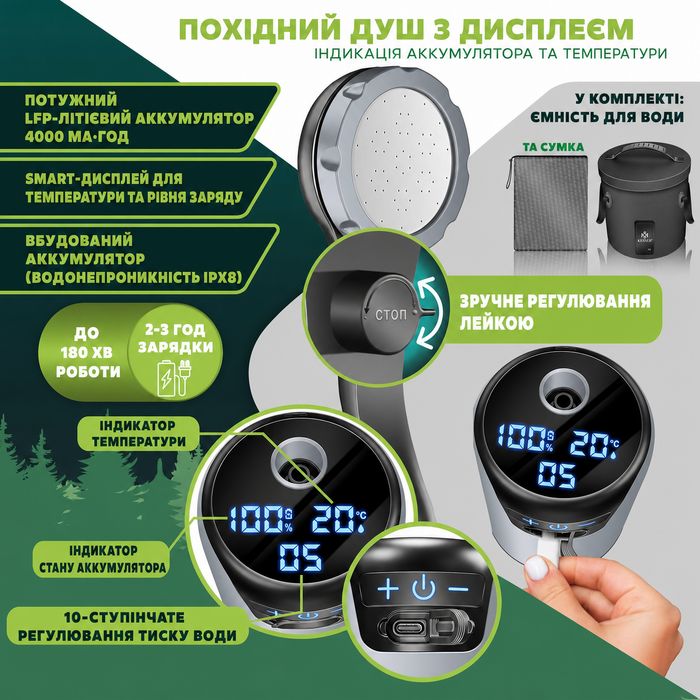 Портативний душ KESSER для кемпінгу з сонячною зарядкою, насосом і акумулятором 8000 мА·год, комплект: душова лійка, 2м шланг, розпилювач і кріплення