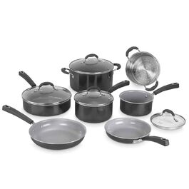 Набір посуду Cuisinart Ceramica XT 11 предметів: каструлі, сковороди, сотейник, пароварка, антипригарне керамічне покриття з титановим зміцненням, без PTFE, PFOA та PFAS, чорний