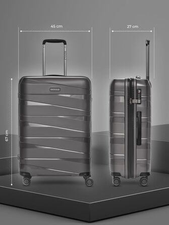 REDOLZ валіза середня 67 см, поліпропілен, 4 подвійні колеса, TSA замок, сіро-металік