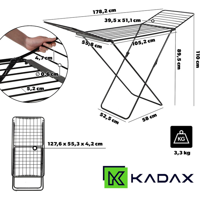 Сушарка для білизни KADAX, складна, 20 м, чорна, з крилами