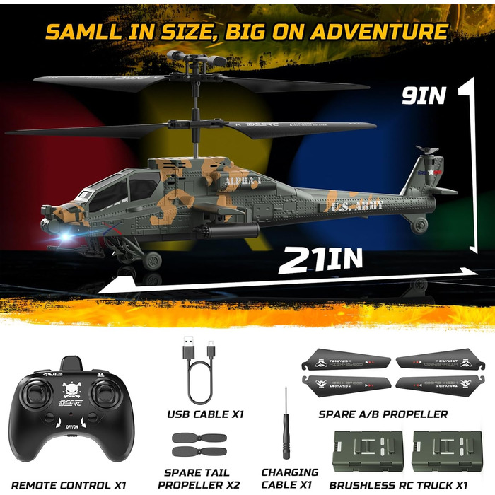 Радіокерований вертоліт DEERC Apache 2.4GHz, 2 акумулятори, 26 хв польоту, LED, стабілізація висоти, легкий старт, для приміщень, камуфляжний колір - ідеальний подарунок для хлопчиків