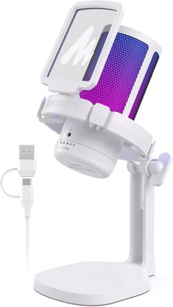 MAONO ігровий конденсаторний мікрофон для ПК, шумозаглушення, USB мікрофон для стрімінгу, подкастів, студії, з RGB підсвіткою, для PS5/PS4/Mac, сенсорна кнопка вимкнення звуку, регулятор гучності, білий
