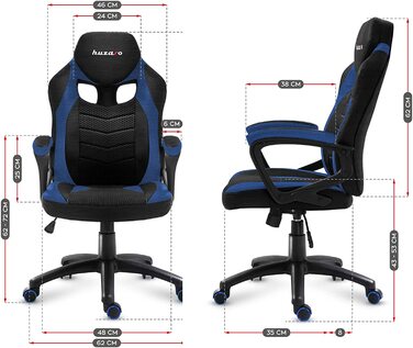 Геймерське крісло Huzaro Force 2.5 Blue Mesh, ергономічне, тканинне, чорне-синє, для комп'ютера, офісу, з регулюванням висоти та гойдалкою, навантаження до 140 кг
